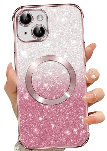 Phoona Cover Magnetica per iPhone 15, Glitter Custodia Compatibile con MagSafe, Anti Graffi, Non Ingiallente, Protezione Completa Case iPhone 15, con 2 Vetro Temperato, Rosa