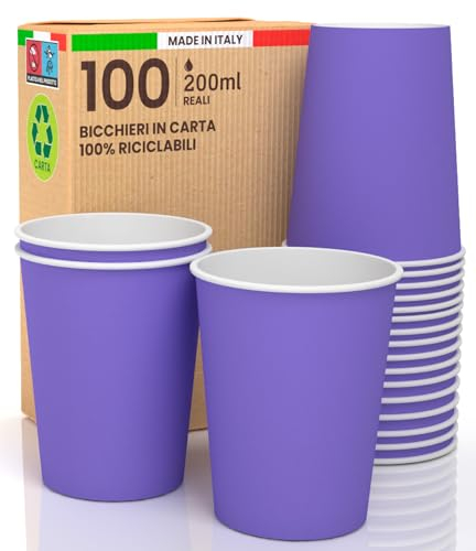 Lot de 100 verres en papier 200 ml écologiques biodégradables jetables fabriqués en Italie pour emporter des boissons chaudes et de l'eau colorées, violettes, fabriqués et emballés en Italie