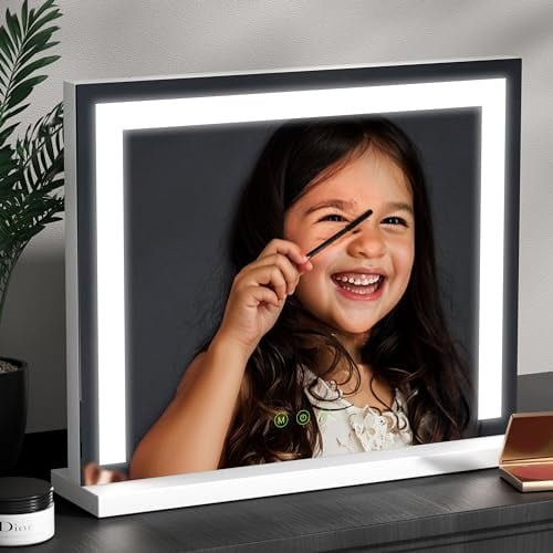 Heilmetz Schminkspiegel mit Beleuchtung LED, Hollywood Spiegel mit Beleuchtung, Dimmbar 3 Lichtfarben, Touch Schalter, Makeup Schminkspiegel mit Licht 50x42cm, Weiß