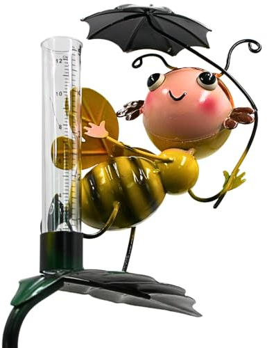 Dekohelden24 Metall-Gartenstecker Pflanzstecker Beetstecker Bodenstecker Biene mit Regenmesser als Reagenzglas, B/H 19/90cm