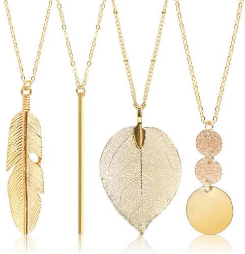 DAJISI 4 Stück Modeschmuck, Boho Schmuck Damen Y-Förmig Modeschmuck Kette Lang Goldene Feder Lange Kette Damen Modeschmuck Boho Kette Damen Lang für Damengeschenk