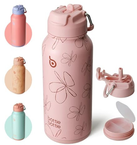 BOTTLE BOTTLE Insulated Water Bottle 950ml(32oz) Stainless Steel Sports Water Bottles with Straw Dual-use Lid Drink Flask Design for Gym with Pill Box (Pink Flower)