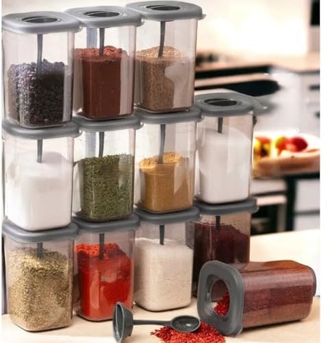 Jungengel Gewürzdosen 12er Set 450ml mit Löffel Anthrazit Vorratsdosen Stapelbar Rechteckig Küche Aufbewahrungsboxen BPA frei Spülmaschinenfest für Gewürze Kräuter Müsli Lebensmittel mit Deckel