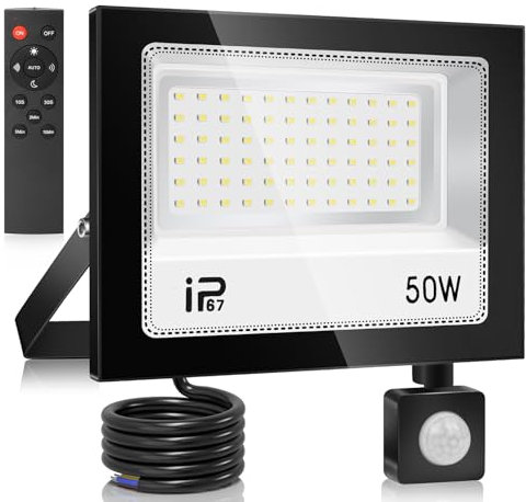 YZYFACAI 50W Télécommande Projecteur LED Detecteur de Mouvement,5000LM Spot LED Extérieur,7000K Blanc Froid,IP67 Etanche Super Lumineux Eclairage Exterieur pour Jardin, Patio, Garage