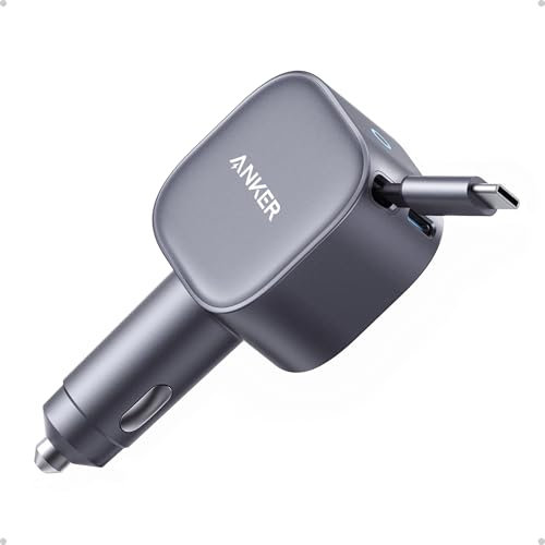Anker USB C Car Charger, 75W Max Ultra-Compact Type-C Fast Car Charger with Built-In Retractable USB-C Cable, Car Adapter for iPhone 16/15 Series, iPad, Galaxy, AirPods, and More