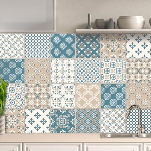 AREDE 32 x Feuilles Mural Stickers Carrelage 2D Imperméables Carreau de Ciment Adhesif, Autocollants Carreaux Dosseret pour Cuisine, Salle de Bain la Décoration à la Maison / 15 x 15 cm / T1013