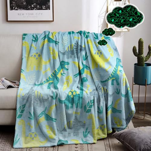 MIQEBX Kuscheldecke Leuchtet im Dunkeln, Einhorn Decke Kuscheldecke Kinder, Weich Fleecedecke Wohndecke, Geschenk für Kinder Jungen Mädchen (Dinosaurier - B, 130x150cm)
