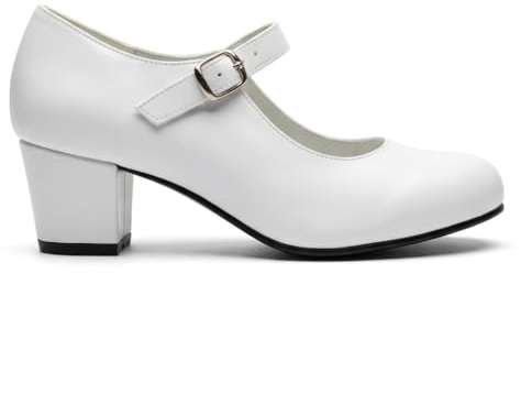 Girls' Flamenco Dance Shoes, Synthetic Mary Jane Heels, White