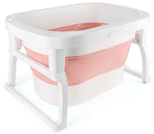 Baby Badewanne Faltbare Babybadewanne, Baby Bathtub Babywanne Wanne Faltbar mit Badewannenhocker, Rutschfeste Tragbare Reisedusche Badebecken Duschwanne für Neugeborene (Rosa, 72 * 51 * 42cm)
