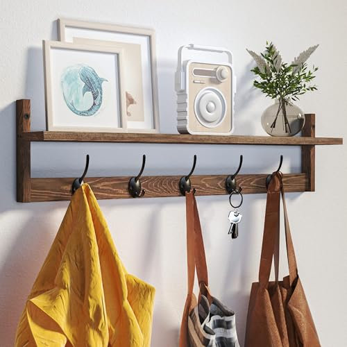 BAMEOS Holz-Kleiderhaken-Wandmontage - 73,5 cm langer Regal mit 5 doppelten Metallhaken, Eintrittsbereich-Kleiderhaken für Bad, Wohnzimmer, Schlafzimmer, Küche, Dekoration und Aufbewahrung (Braun)