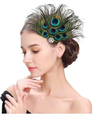 YZROHYI Plume de Paon Barrette,Bijou de Tête Plume Paon Cheveux,Pinces à Cheveux en Plumes de Paon en Serre-Tête,Plumes de Paon Accessoires,Plume de Paon Vintage,Plumes de Paon Décoration pour Femme
