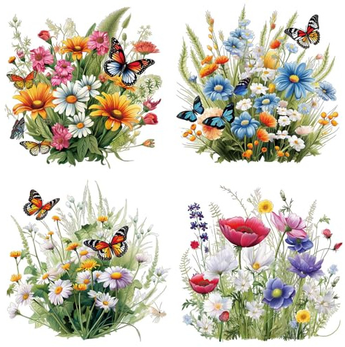 4 Sheet Flower Butterfly Heat Transfer Vinyl Decals Watercolor Various Floral Butterflies Design Iron on Patches Spring Theme Iron on Transfer Sticker for Clothing T-Shirt Pillow Backpack Decoration