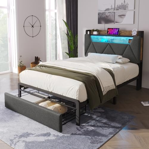 RIAZOS 3ft Upholstered Single Bed with LED Lighting, USB Type-C Charging Function, Storage Headboard and Drawers, Storage Bed Frame with Metal Slatted Frame,Linen,90 x 190 cm,Grey(No Mattress)