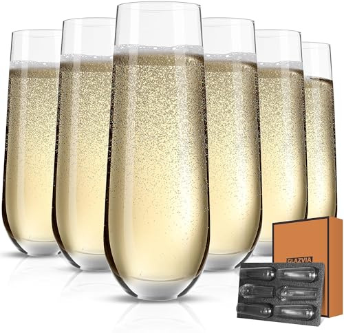 GLAZVIA Stemless Champagne Flutes Glasses Set of 6, Classic Clear Flute | 10oz, Elegant Crystal Champagne Glass, Gift for Wedding, Anniversaries, Parties, Birthday, Restaurant, Home Bar