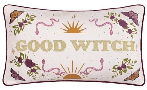 furn. Good Witch Feather Filled Cushion (White - 30x50cm) | Reversible Halloween Embroidered Velvet Metallic Thread Decorative Pillow