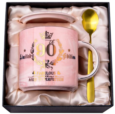 90th Birthday Gifts for Women, Fabulous 90 Limited Edition, 14oz Coffee Mug | 5pcs with Gold Pattern Mug, Nice Box, Lid, Spoon, Card, Unique Birthday Gifts for 90 Year Old Grandma Mum Auntie Wife Friend