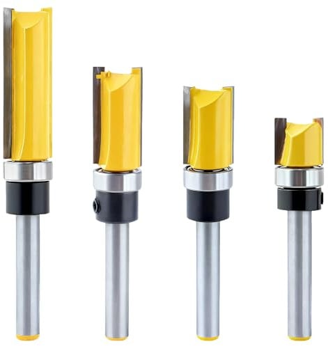 ERMWALR 4 Pcs 1/4 Inch Straight Router Bits Set Flush Trim Router Bit Flush Trim Tools with Bearing Woodworking Trim Router Tools