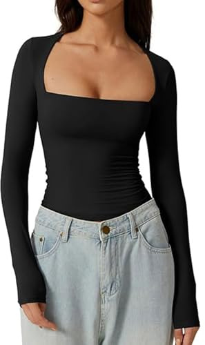 ADUDVLO Women's Sexy Square Neck Shirt Long Sleeve Double Lined Tees Fitted Going Out Tops