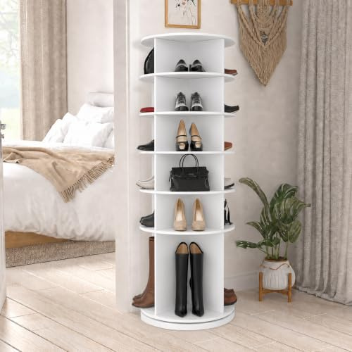 TWSOUL Drehbares Schuhregal mit 6 Ebenen, 360-Grad Drehbarer Schuhschrank Hoch Runder Schuhorganizer Schuhschrank-Organisation Weiß für Schuhe und Handtaschen