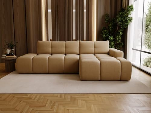 GRAINGOLD Montero L Ecksofa modern mit Bettfunktion, 280x177 cm, L-Form Sofa, Schlafcouch für Wohnzimmer, Bouclé-Stoff, 3-Sitzer Eckcouch, Ecksofa mit Bettkasten (Hellbraun, Rechts)