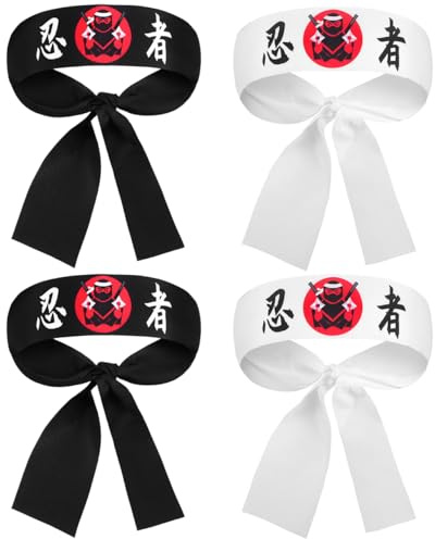 POPETPOP Lot De 4 Bandeaux Ninja Japonais Bandeau Samouraï Décoratif Bandeau Karaté Et De Style Japonais Accessoire Déguisement Pour Homme Femme Sport Et Cosplay