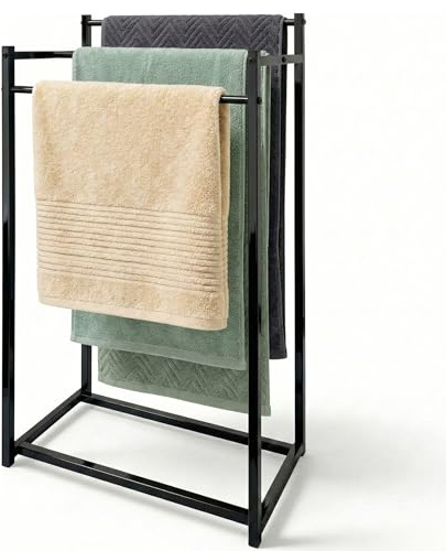 AJIEQAQ Porte-Serviettes sur Pied Noir 3 Barres, 45x24x84 cm | Métal Antirouille, Sans Perçage, Pour Salle de Bain et Toilettes