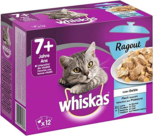 Whiskas 7 + Katzenfutter Ragout – Fisch-Auswahl in Gelee – Hochwertiges Katzenfutter ab 7 Jahren und älter – Für den Erhalt der Agilität – 48 Portionsbeutel à 85g