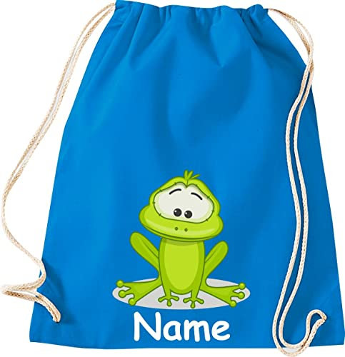ShirtInStyle Gym Sack Kinder Turnbeutel Tiere Frosch mit Wunschnamen, Beutel Tasche Hort Kita, Farbe Sapphire