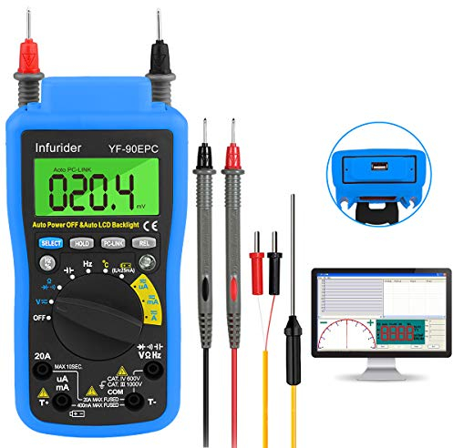 Multimetro Digitale Tester, INFURIDER YF-90EPC 4000 Conti TRMS Voltmetro Gamma Automatica DMM per AC DC Volt, Amp, Ohm, Cap, Temp, Battery Test con Connessione USB al PC