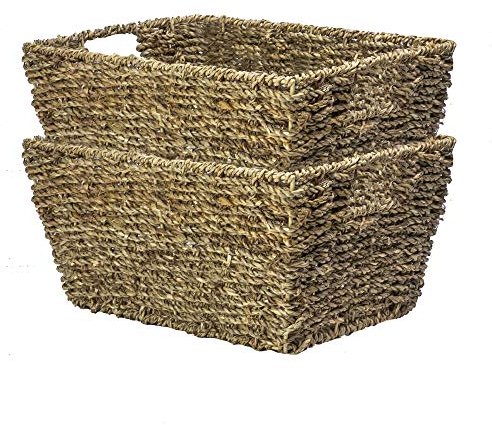 Maison & White Seagrass Storage Baskets Set of 2 – Hand Woven Rectangular Hampers with Handles – Natural Wicker-Look Organisers for Bathroom, Bedroom & Office