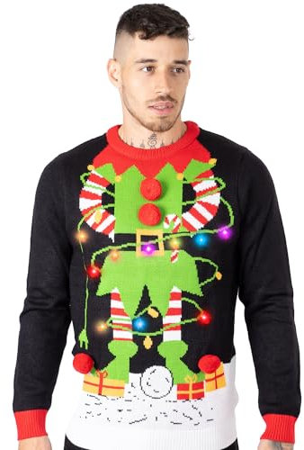 NOROZE Men's LED Christmas Jumper Unisex Gift Tree Elf Santa Xmas Sweater Pullover Top (M, Elf Light Plug Black)