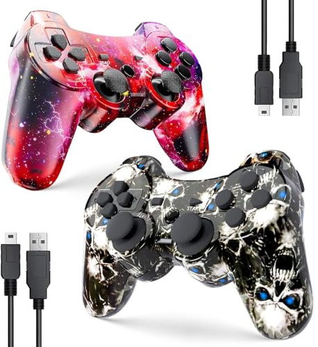 Zeion Controller PS3 wireless, joystick da gioco per Playstation 3 con cavo di ricarica (stella rossa, fantasma nero)