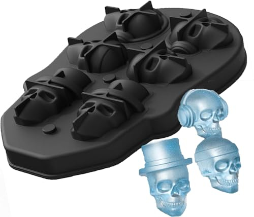 Holzsammlung 3D Totenkopf Eiswürfelformer mit Deckel, Silikon Eiswürfelformer, Gefrierfach für Gin Whisky, Scotch, Cocktail und Likörgläser, Backform, Gelee, Mousse Cake, Halloween Party