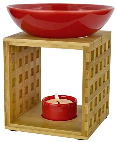 Bitto Duftlampe Riga Kaminrot mit Kerze, große Schale, Fair Trade, Aromalampe aus Bambusholz und Keramik