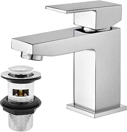 Square Basin Mixer Taps with Waste, BATHWEST Chromed Brass Square Bathroom Sink Taps with Drain 492N