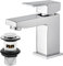 Square Basin Mixer Taps with Waste, BATHWEST Chromed Brass Square Bathroom Sink Taps with Drain 492N
