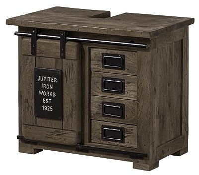 MASSIVMOEBEL24.DE | Railway - massiver Unterschrank grau, lackiert aus Mangoholz 70x40x60 2 Fächer + 4 Schubladen - mit Schiebetür Aufbewahrungsschrank Flurschrank