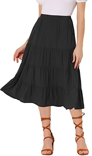 Allegra K Damen A-Linie Abgestuften Taschen Midi Langer Rock