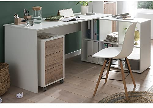 Lomadox Eckschreibtisch Büro inkl. Rollcontainer in weiß mit Wildeiche Nb., B/H/T: ca. 150/73,6/121,6