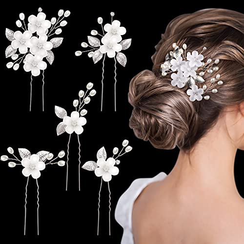 MELLIEX 5 Pièces Épingle à Cheveux de Marriage Perle Pinces à Cheveux Strass Accessoires de Cheveux en Cristal de Fleur pour Marriage Anniversaire Fête - Argent