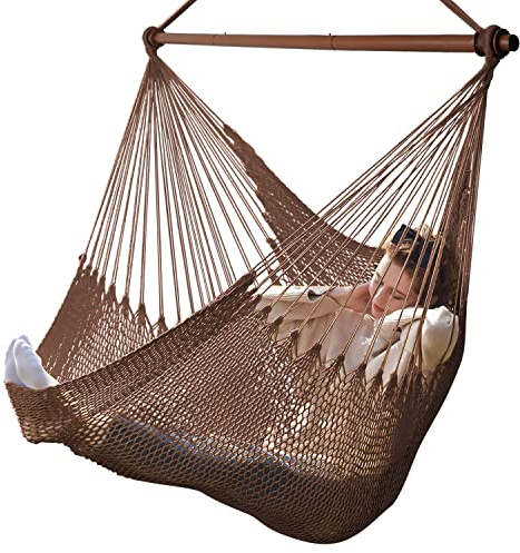 Bathonly Großer Hängesessel mit Metall-Spreizstange, bis 150 kg belastbar, Karibik Hängeschaukel, XL Handgewebt Hängestuhl für Indoor und Outdoor, Wohnzimmer, Terrasse, Garten, Balkon (Dunkelbraun)