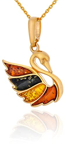 AMBEDORA Damen Schwan Halskette mit Bernstein, Vergoldetes Sterling Silber, Natürlicher Bunter Baltischer Bernstein, Vergoldeter Anhänger mit Kette