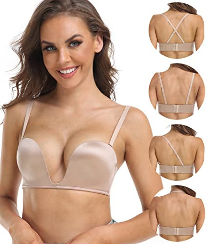 DotVol Push Up Convertible Strapless Bra for Women Underwire Deep U Plunge Padded Multiway Bra(Beige,34C)