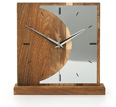 Kreative Feder Designer-STANDUHR „Silvermoon“ aus Eichenholz – analoge TISCHUHR ohne Tickgeräusche (leises Quarzuhrwerk, Eiche geräuchert)