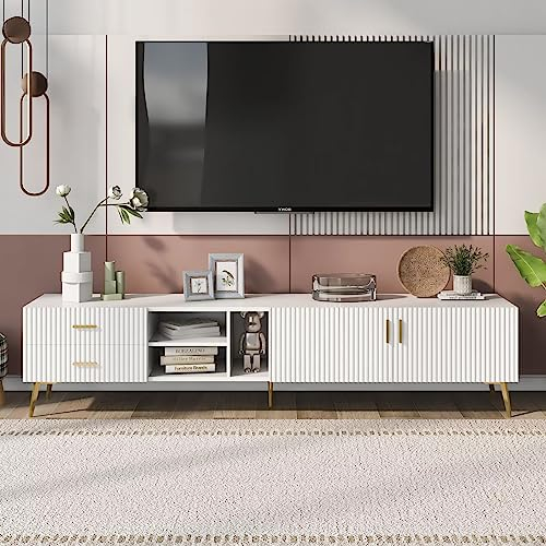 Dolamaní Meuble TV 180 x 35 x 44 cm - Pour téléviseurs de 75 - Console multimédia moderne - Grand espace de rangement pratique - Portes à lamelles en bois - Blanc