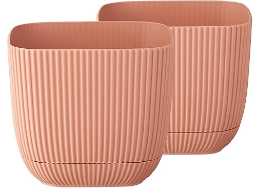 Tymar Lot de 2 pots de fleurs avec soucoupe - En plastique - Forme carrée - 15 x 15 cm - Rose