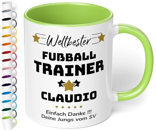 True Statements Geschenk für Trainer: Keramik-Tasse „Weltbester Trainer“ personalisiert mit Sportart, Namen und Wunschtext – Kaffeebecher 330ml. - Fußball Handball (Hellgrün)