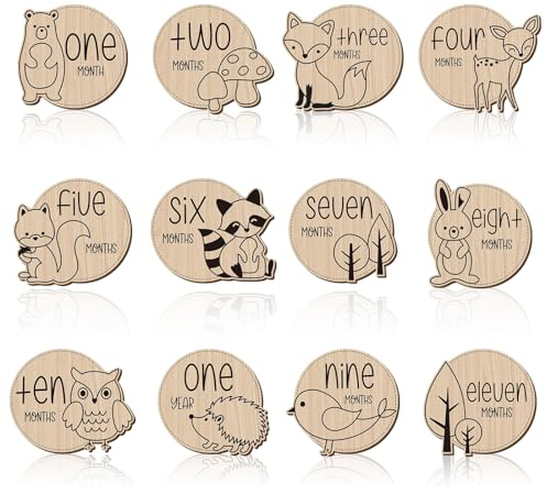 SacJkt Tarjetas de hitos para bebés, tarjetas de hitos de madera para bebés, 12 piezas Hitos de madera redondos con estampado animal, gran regalo para nacimientos y baby showers