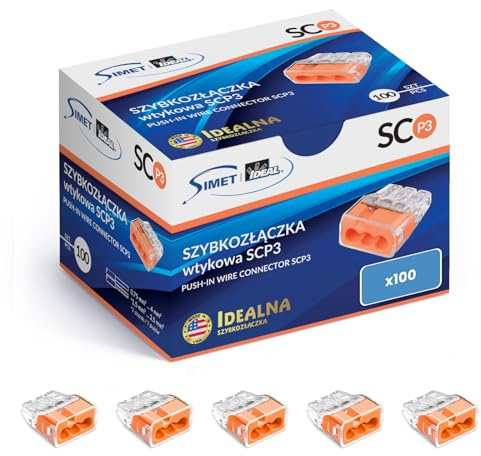 SIMET Verbindungsdosenklemme für Drähte (0,75-4 mm²), 3 - Leiter, Packung mit 100 Stück, Farbe transparent/orange, für den Anschluss an Abzweigdosen, Gehäuse und starre Elektroverteiler