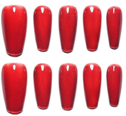 Sun&Beam Nails Handgefertigte Kunstnägel Mittel Lang Sargform Ballerina Nägel zum Aufkleben in Rot Einfarbig Magnetisches Minimalistisch Design mit Klebepads 10 Stück (#164 L)